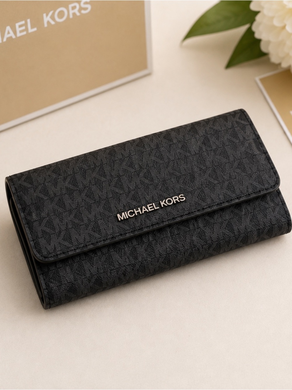 Michael Kors Black Signature Trifold Wallet with Gold Logo